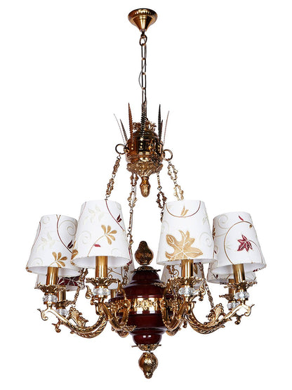 Luxury Maroon Gold 8-Light Chandelier, Kashmiri Embroidered Fabric Shades & Crystals