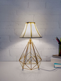 Golden Metal Wire Cage Diamond Pyramid Bedside Table Lamp with Off-white Fabric Bell Shade