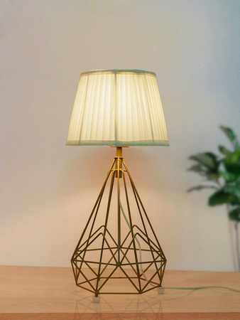 Contemporary Metal Wire Cage Diamond Pyramid Table Lamp with Golden Fabric Shade