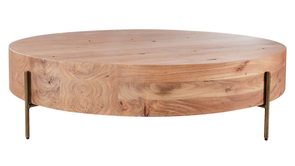 Elegant Low Round Wood Coffee Table with Gold Legs & Natural Grain Veneer