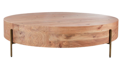 Elegant Low Round Wood Coffee Table with Gold Legs & Natural Grain Veneer