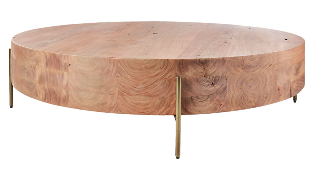 Elegant Low Round Wood Coffee Table with Gold Legs & Natural Grain Veneer