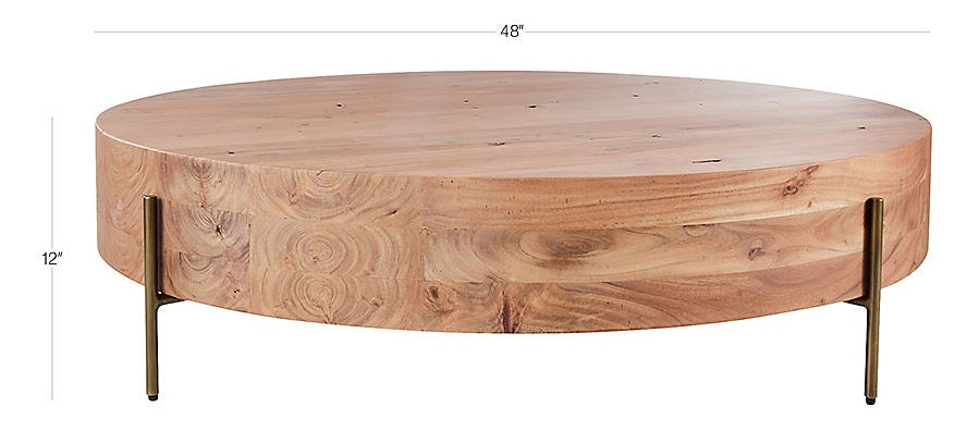 Elegant Low Round Wood Coffee Table with Gold Legs & Natural Grain Veneer