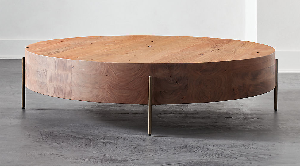 Elegant Low Round Wood Coffee Table with Gold Legs & Natural Grain Veneer