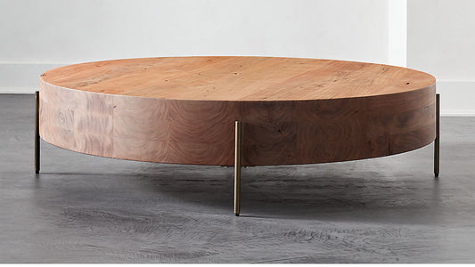 Elegant Low Round Wood Coffee Table with Gold Legs & Natural Grain Veneer
