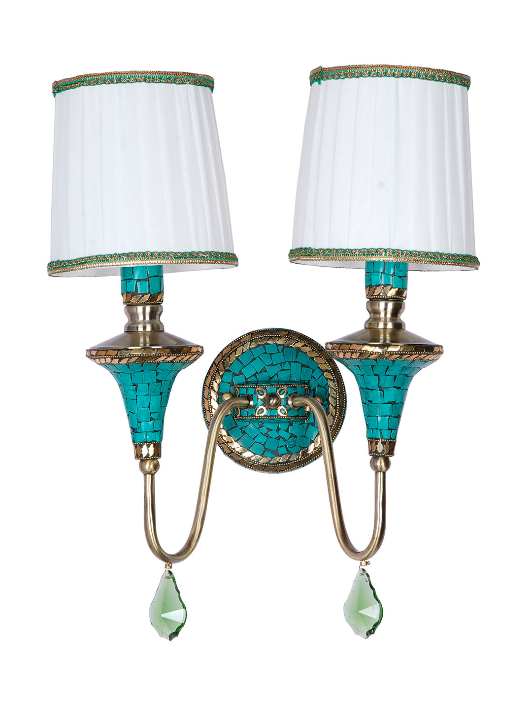 Handcrafted Tibetan Nepalese Double Funnel Wall Sconce, Green Stone, Pleated Shades