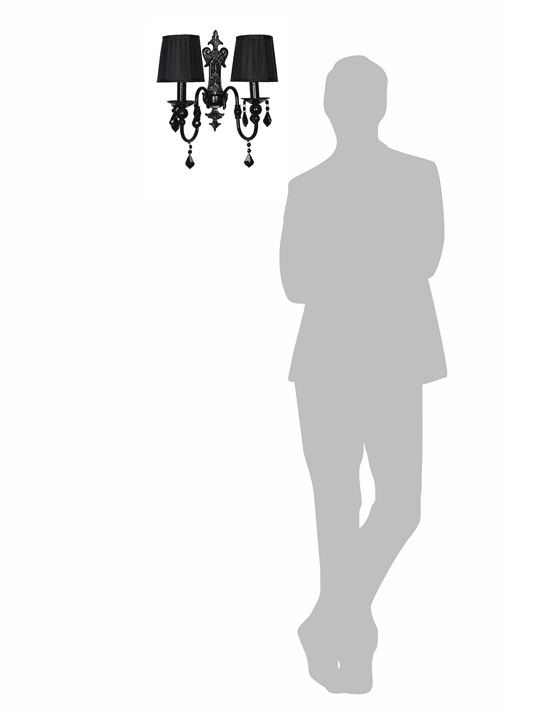 Absolute Black Elegant 2-Light Wall Sconce with Pleated Shades and Crystals