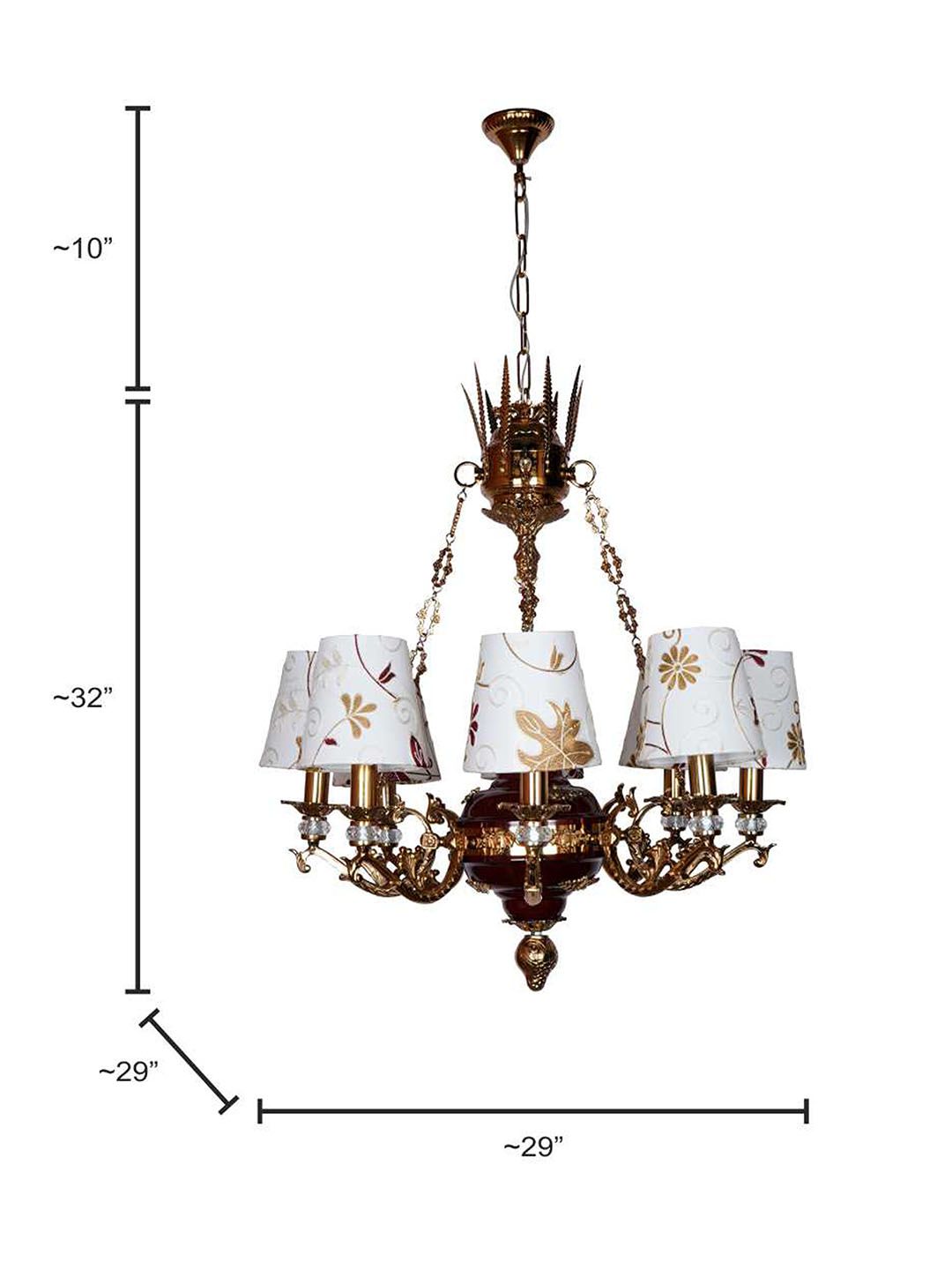 Luxury Maroon Gold 8-Light Chandelier, Kashmiri Embroidered Fabric Shades & Crystals