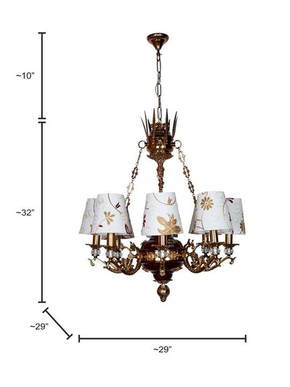 Luxury Maroon Gold 8-Light Chandelier, Kashmiri Embroidered Fabric Shades & Crystals