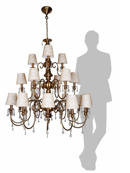 Grand Brass Antique 21-Light Chandelier, Crystal & Lace Shades, Mid-Century European Style