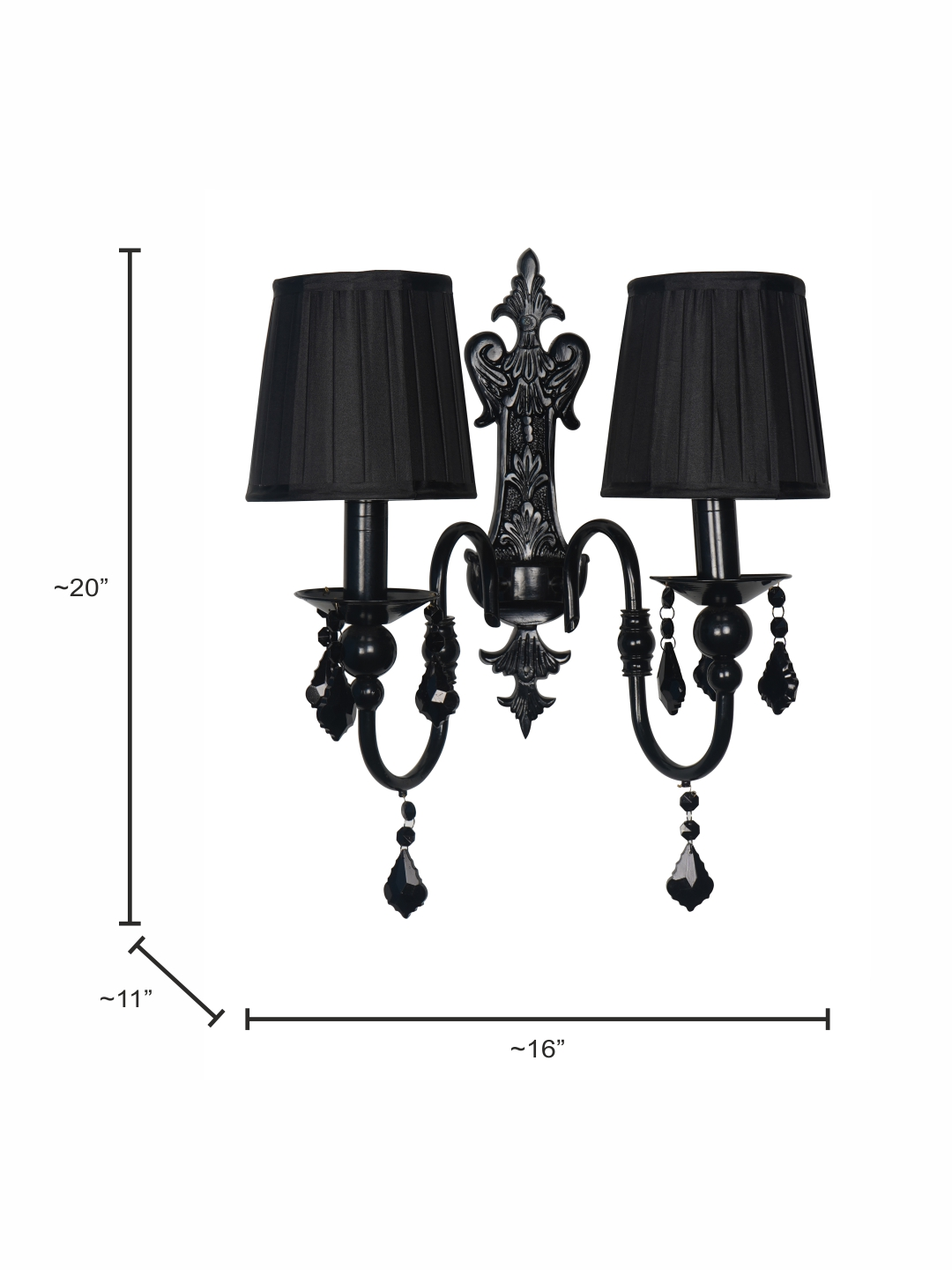 Absolute Black Elegant 2-Light Wall Sconce with Pleated Shades and Crystals