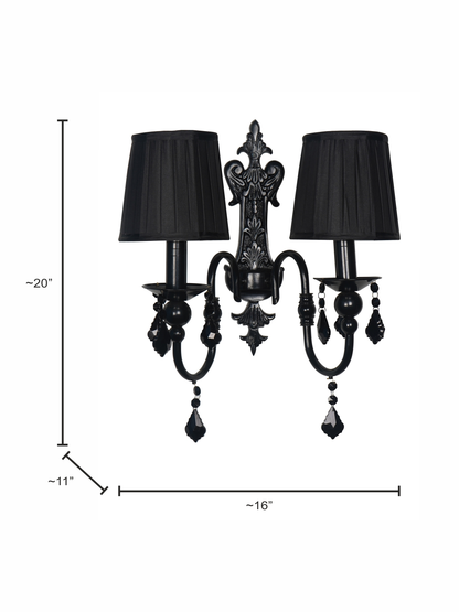 Absolute Black Elegant 2-Light Wall Sconce with Pleated Shades and Crystals