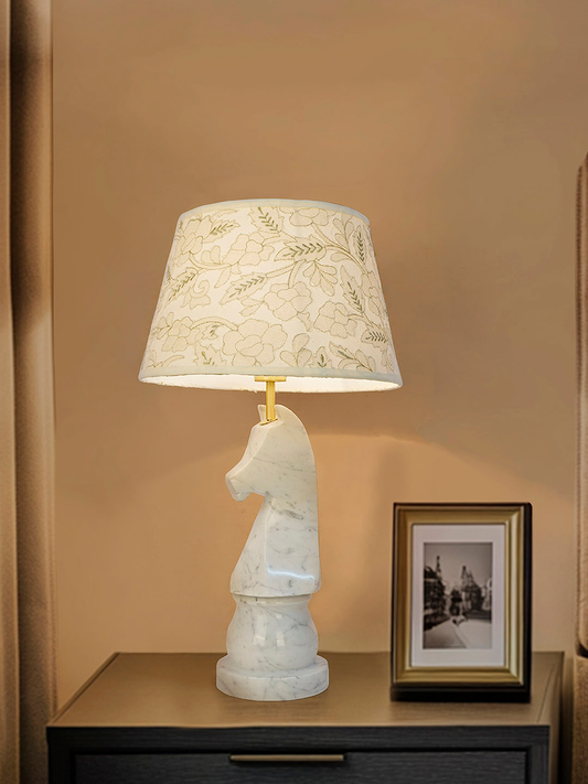 Statuario Marble Chess Knight Table Lamp with Embroidered Drum Shade