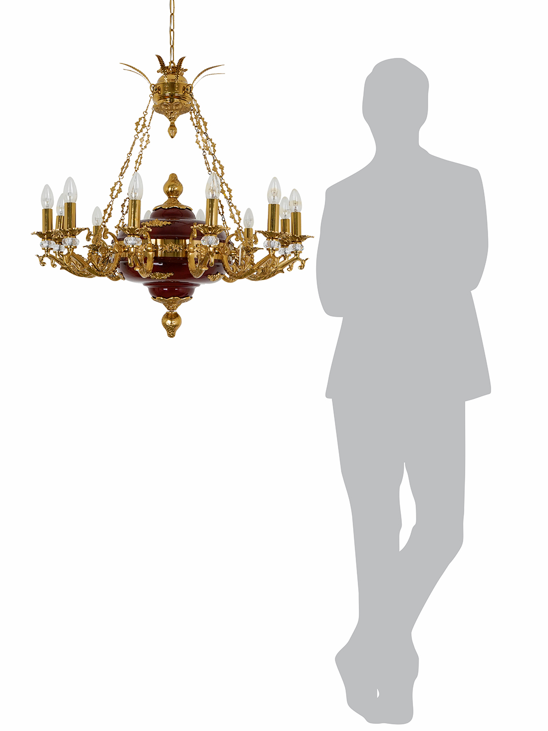Vintage 32-Inch Candelabra Chandelier with Cast Aluminum Arms, Crystals, Maroon
