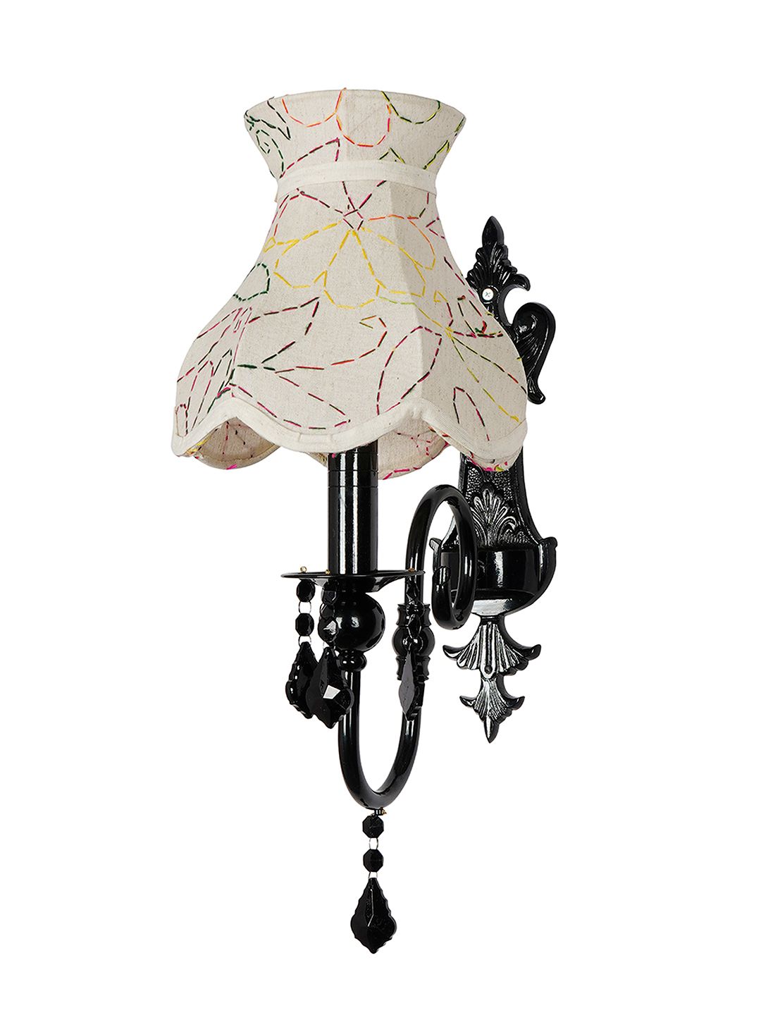 Elegant Black Wall Sconce with Green Embroidered Scalloped Shade & Sparkling Crystals
