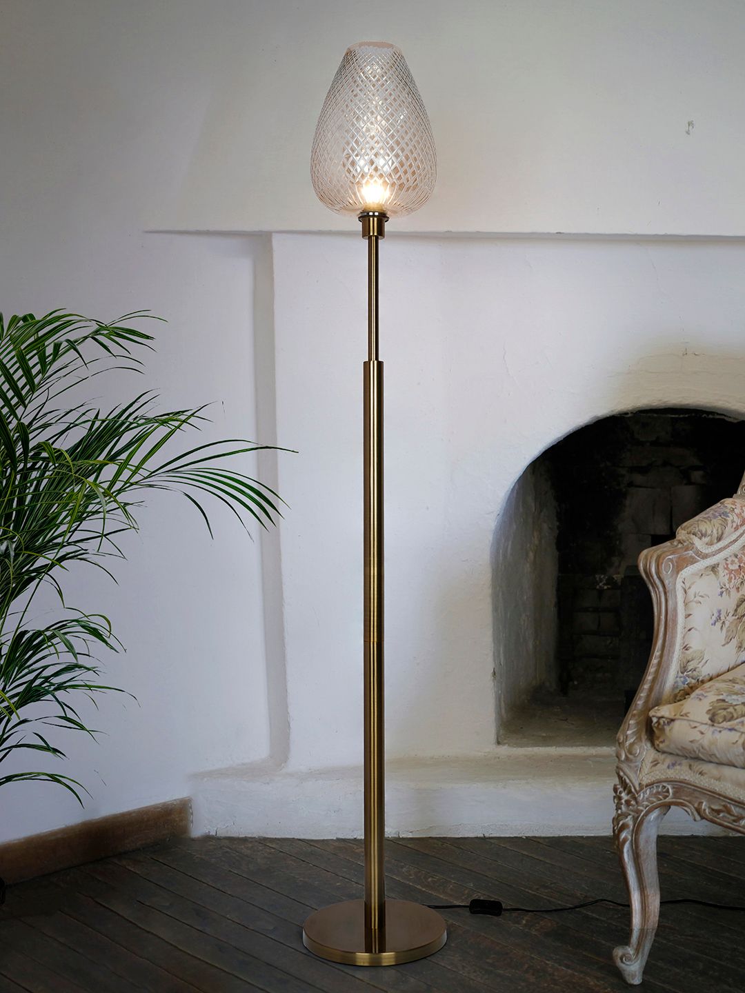 Elegant Mid-Century Golden Floor Lamp with Cut Glass Egg-Shaped Shade
