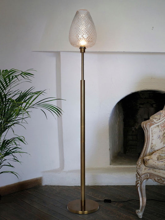 Elegant Mid-Century Golden Floor Lamp with Cut Glass Egg-Shaped Shade