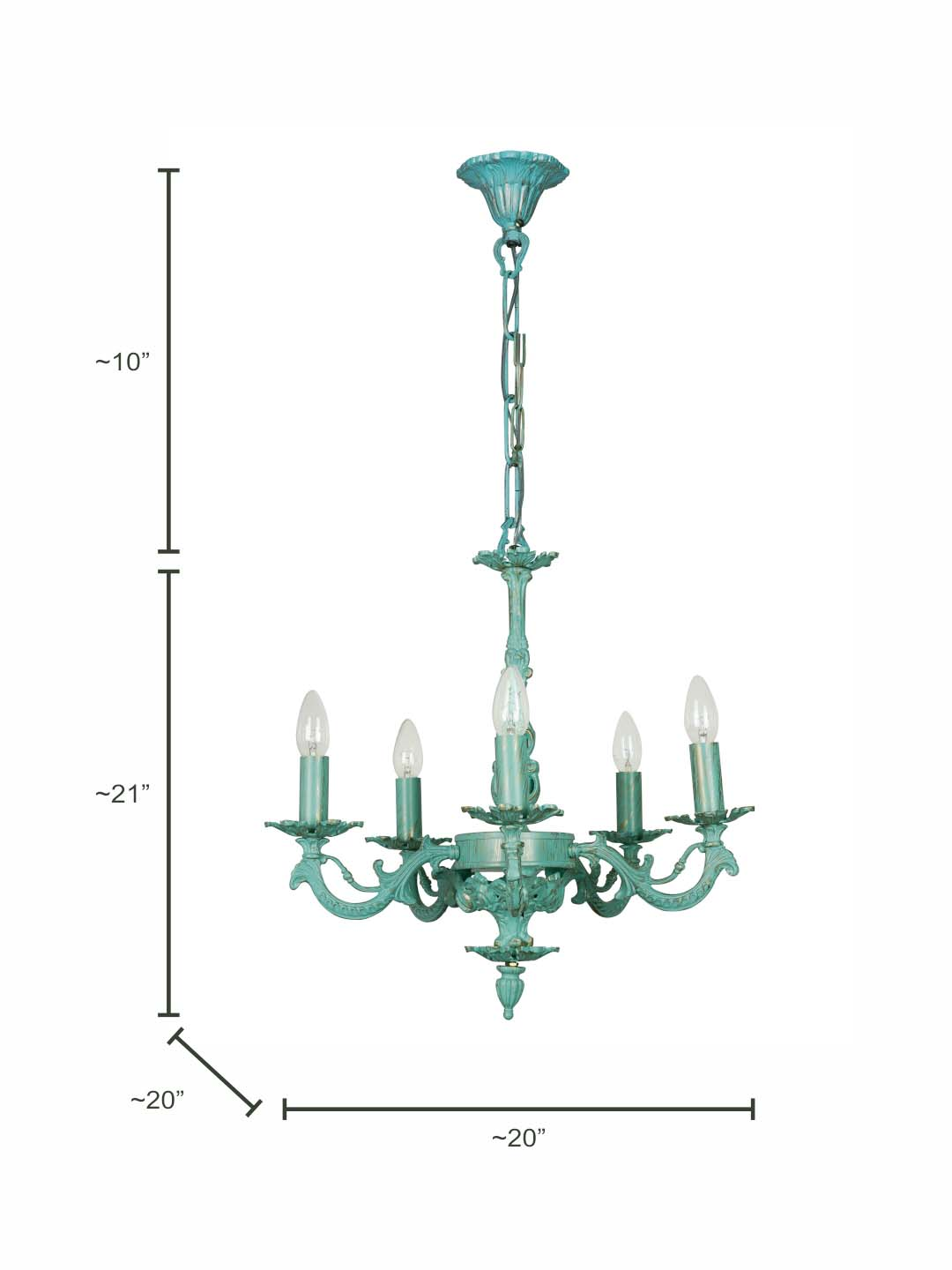 Antique Distressed Green Cast Aluminium 5-Light Candelabra Chandelier for Grand Spaces