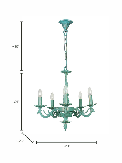 Antique Distressed Green Cast Aluminium 5-Light Candelabra Chandelier for Grand Spaces