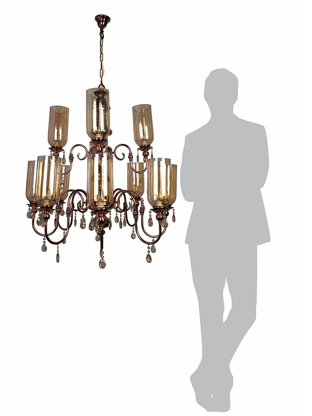 European Copper 2-Tier 12-Light Steel Chandelier with Translucent Glass Shades