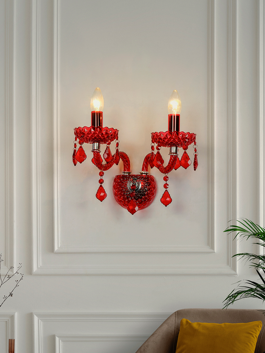 Luxurious Red Glass 2-Light Wall Sconce, S-Shaped Candelabra & Pendeloque Crystals