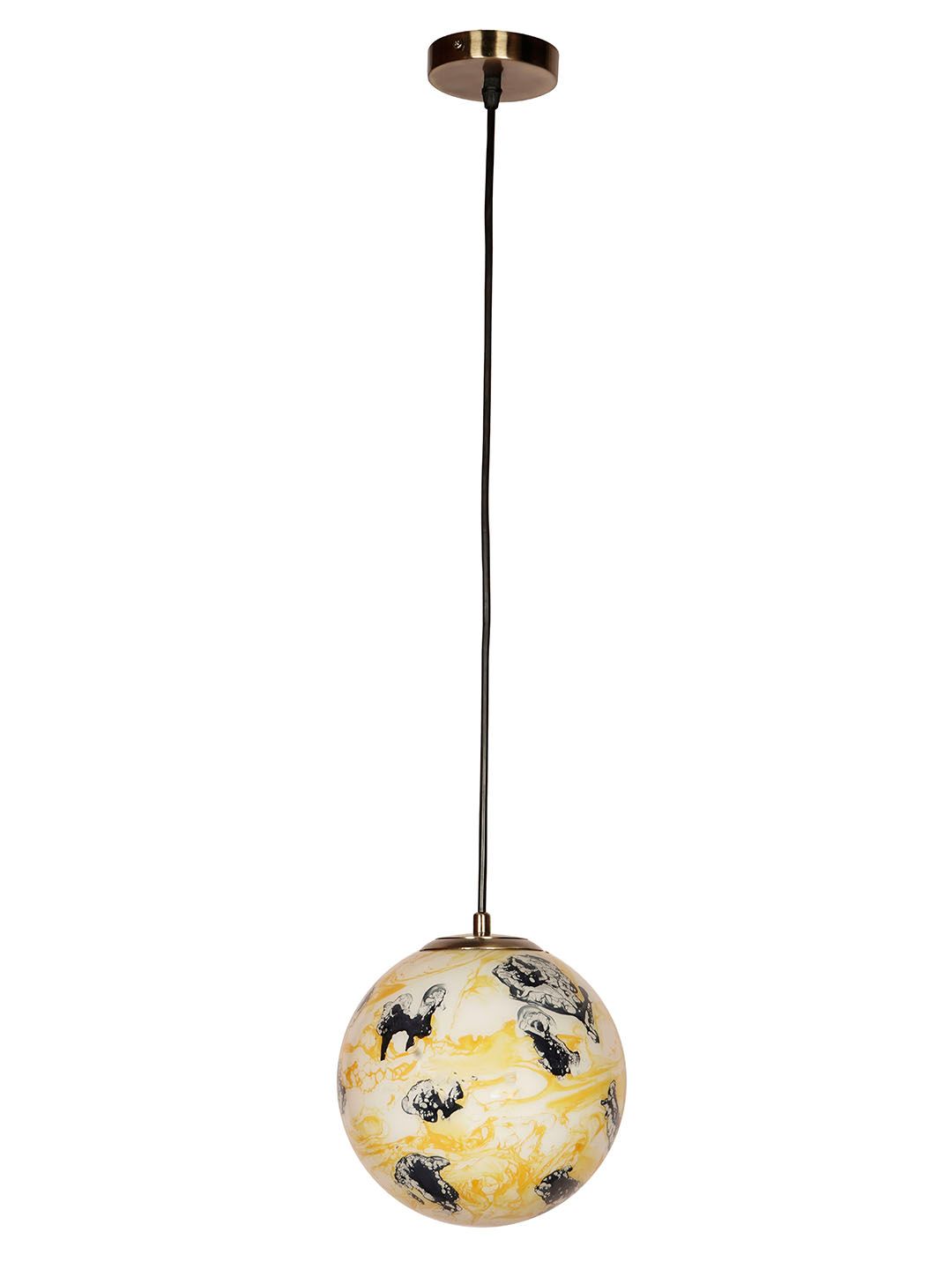 Artistic Yellow Black Marble Glass Globe Pendant Light - Antique Brass Finish