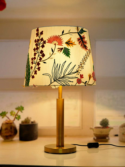 Transitional Brushed Brass Metal Table Lamp: Botanical Embroidered White Fabric Shade