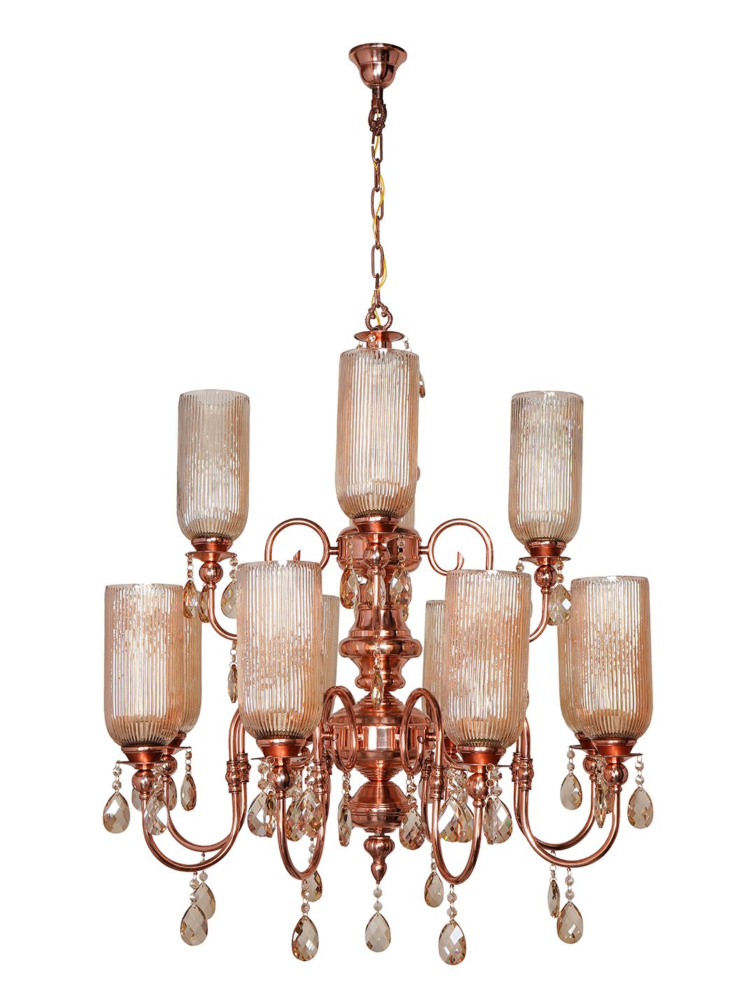 Grand Polished Copper Chandelier: Fluted Luster Glass, Honey Crystals