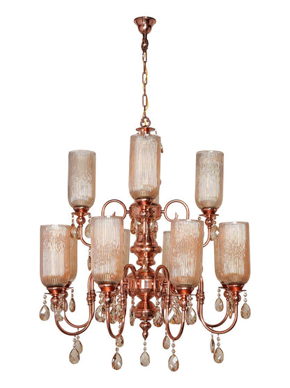 Grand Polished Copper Chandelier: Fluted Luster Glass, Honey Crystals