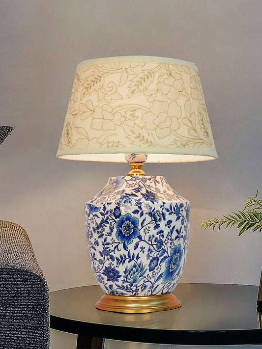 Artisanal Blue Pottery Print Table Lamp with Pastel Green Embroidered Shade