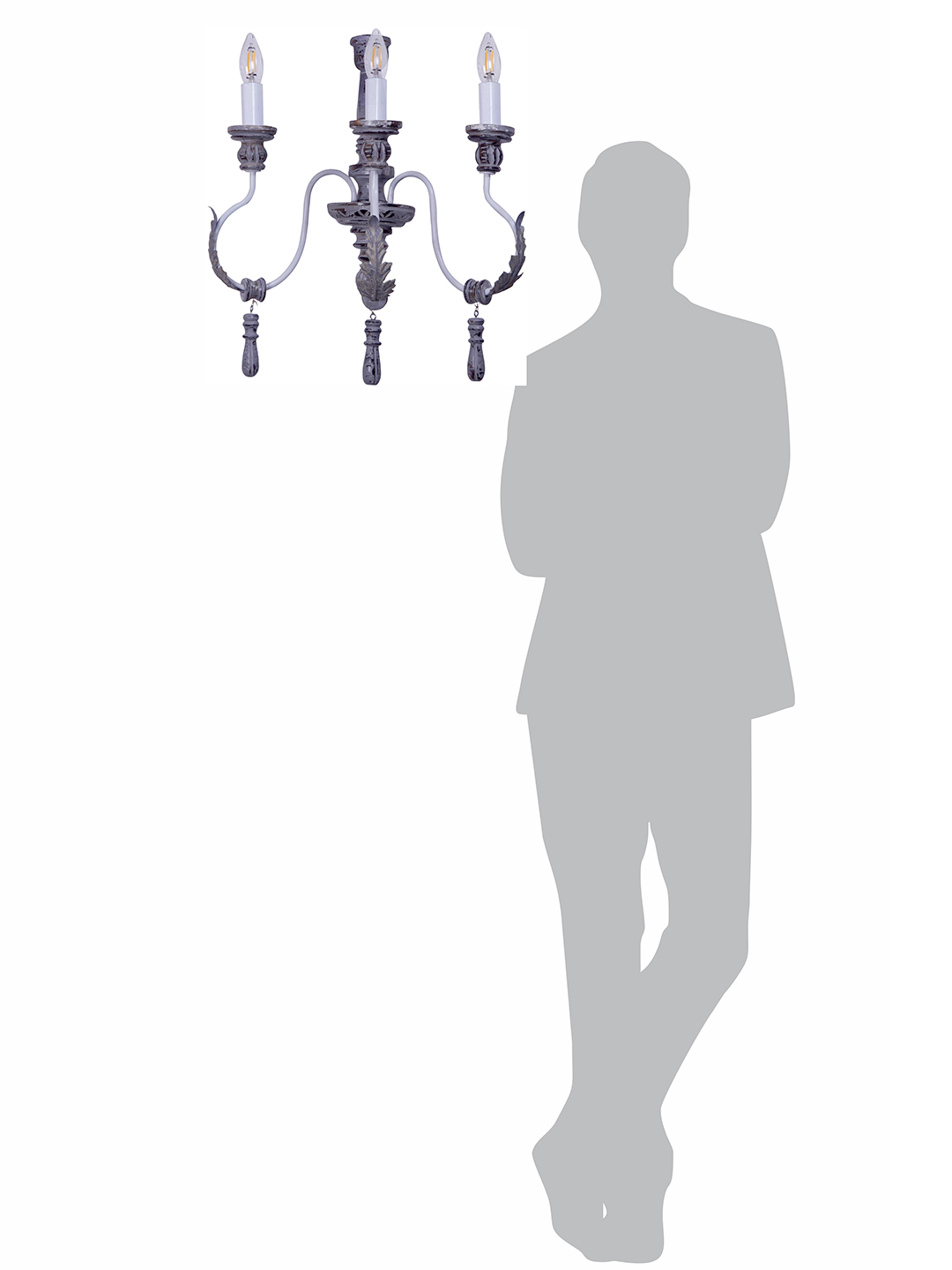 Provincial Rustic Grey Wood Wrought Iron 3-Light Candelabra Wall Sconce