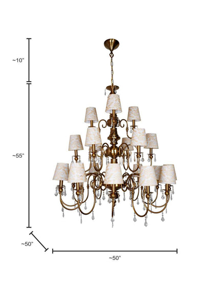Grand Brass Antique 21-Light Chandelier, Crystal & Lace Shades, Mid-Century European Style