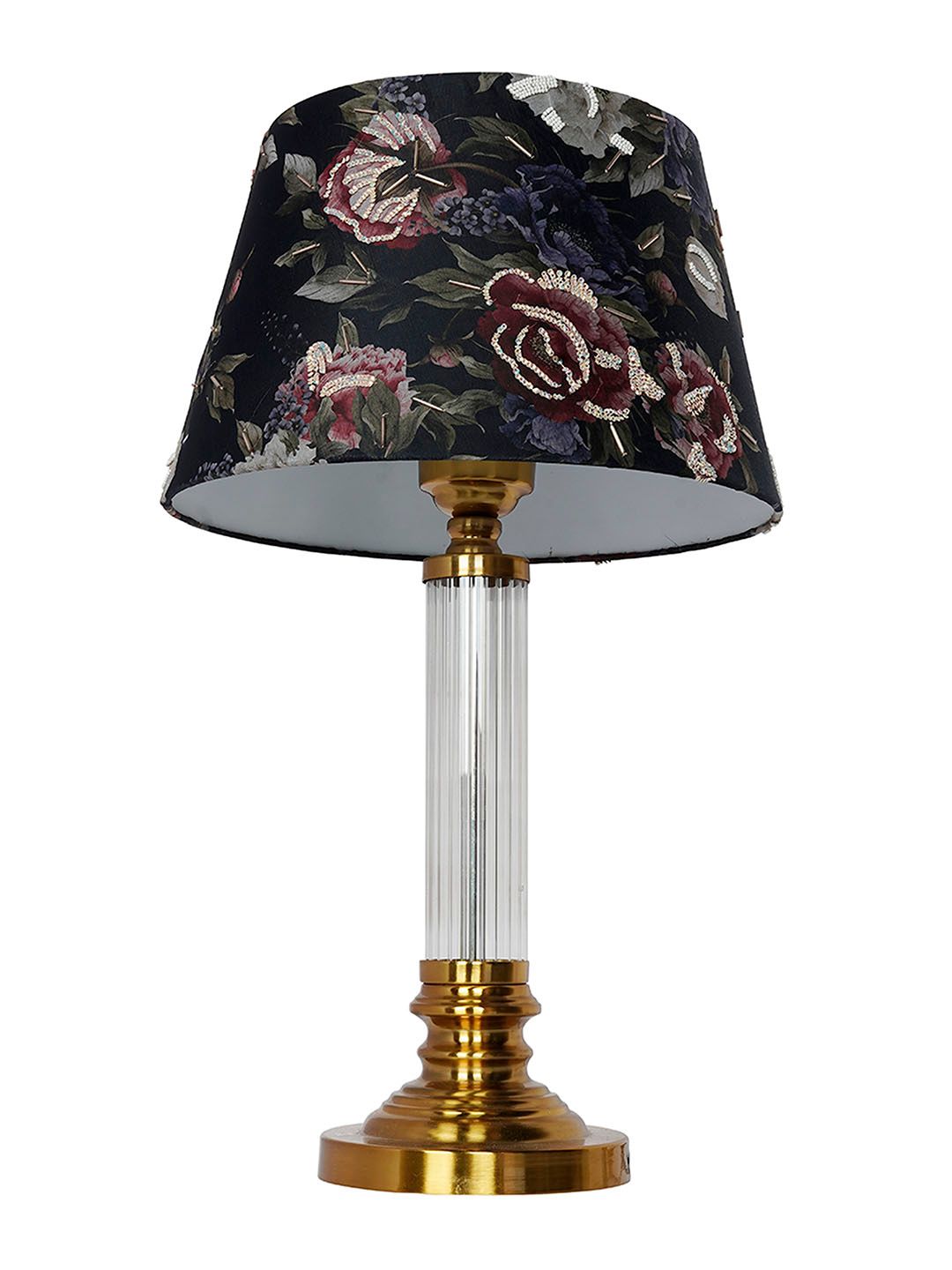 Elegant Black Embroidered Fluted Glass Table Lamp with Sequin Fabric Shade
