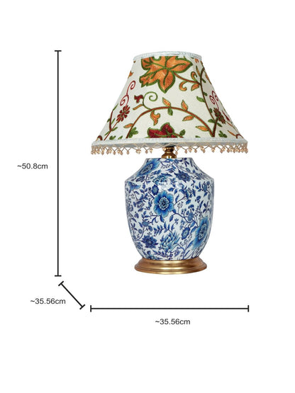 Handcrafted Eclectic Blue Pottery Print Table Lamp with Kashmiri Embroidered Velvet Shade