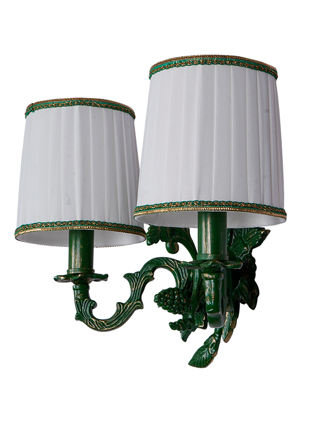 Elegant Double Green Grapevine Wall Sconce with Ivory Pleated Fabric Shades