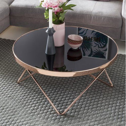 Dyon Elegant Copper Rose Gold PVD Steel Black Glass Coffee Table