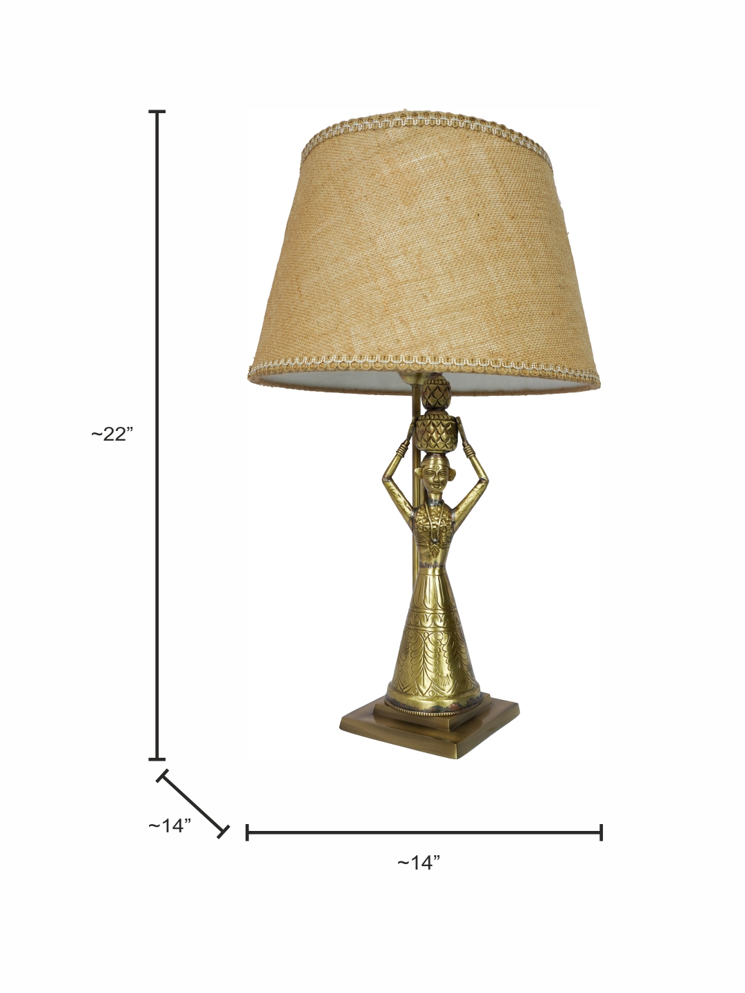 Exquisite Antique Rajasthani Brass Kalash Table Lamp with Tapered Jute Shade