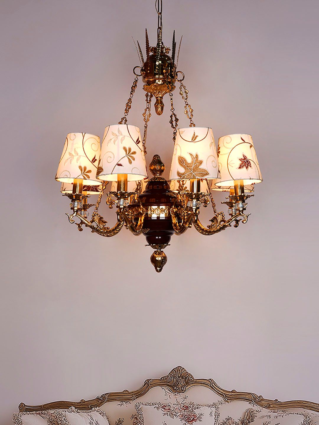 Luxury Maroon Gold 8-Light Chandelier, Kashmiri Embroidered Fabric Shades & Crystals