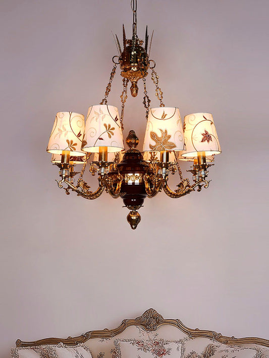 Luxury Maroon Gold 8-Light Chandelier, Kashmiri Embroidered Fabric Shades & Crystals