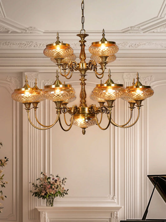 Exquisite Regal Brass 13-Light Chandelier with Golden Luster Cut Glass Shades