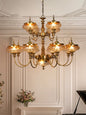 Exquisite Regal Brass 13-Light Chandelier with Golden Luster Cut Glass Shades