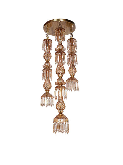 Elegant Golden Luster Glass 3-Light Cascading Crystal Multi-Pendant Chandelier