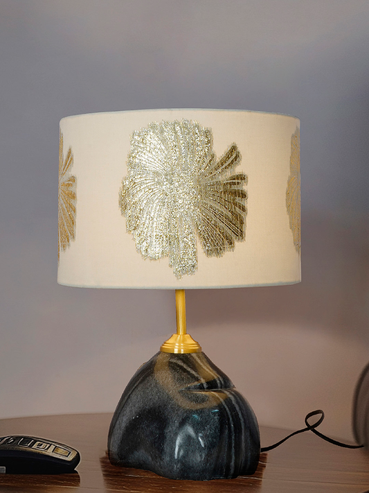 Elegant Black Marble Table Lamp with Gold Embroidered Ivory Drum Shade