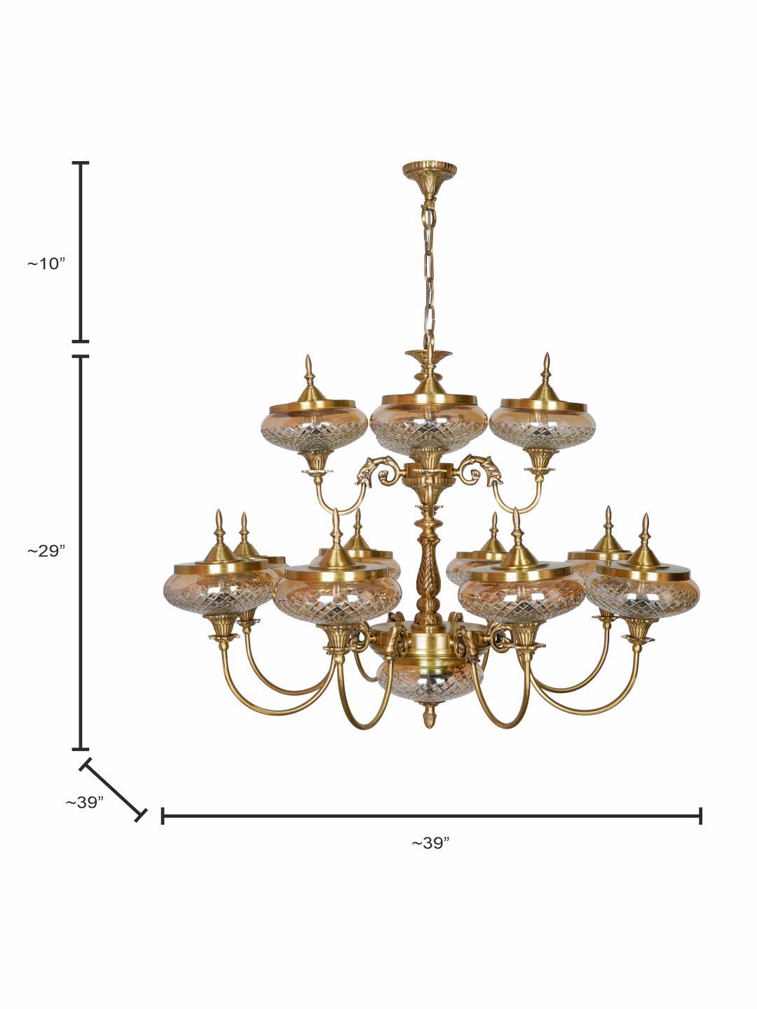 Exquisite Regal Brass 13-Light Chandelier with Golden Luster Cut Glass Shades