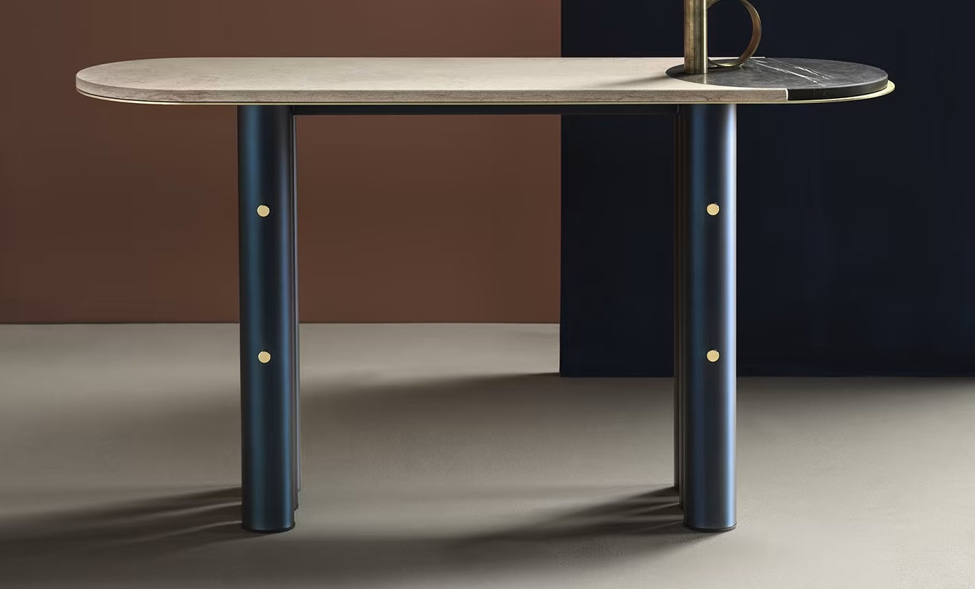 Luxury Handcrafted Lion Console: Eclectic Geometric Metal Marble Veneer Statement Console Table