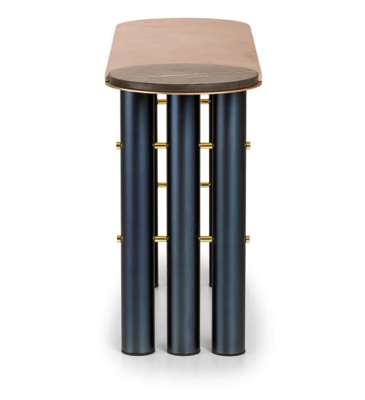 Luxury Handcrafted Lion Console: Eclectic Geometric Metal Marble Veneer Statement Console Table