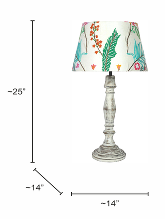 French Farmhouse Distressed White Wooden Table Lamp with Embroidered White Tapered Fabric Shade
