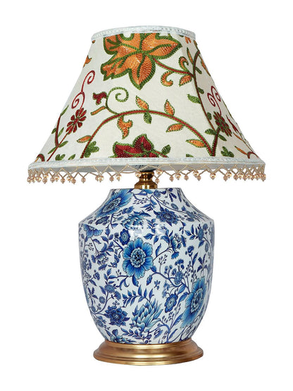 Handcrafted Eclectic Blue Pottery Print Table Lamp with Kashmiri Embroidered Velvet Shade