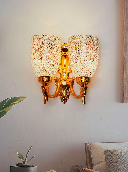 Opulent Gold Double Wall Sconce with Multicolor Speckled Glass Shades