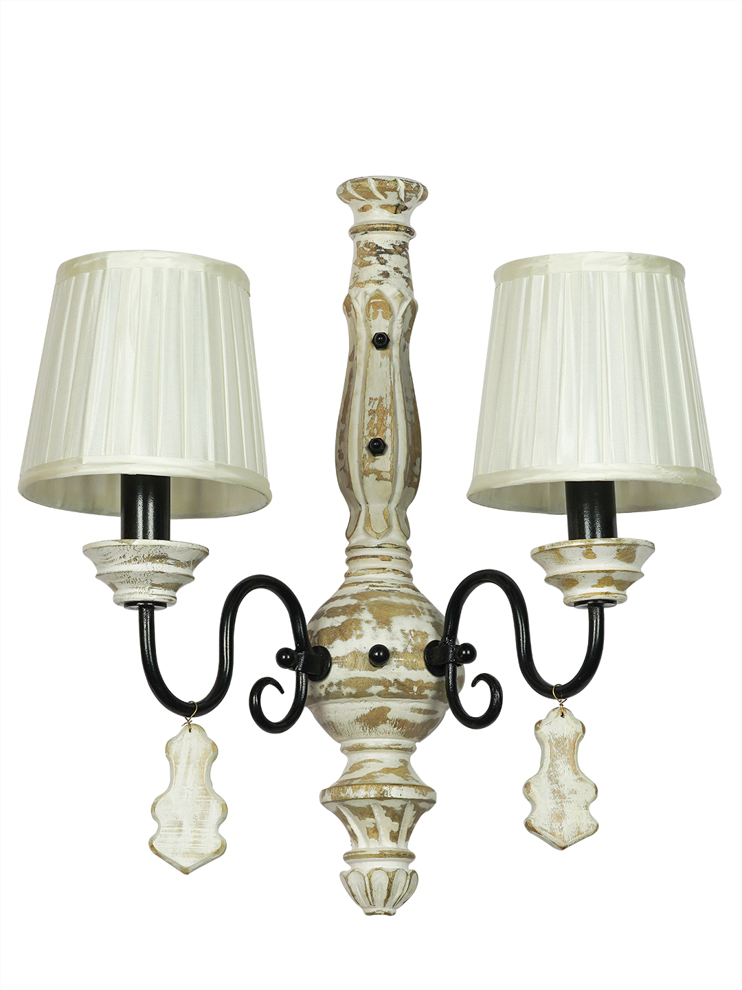 Elegant French White Distressed Wooden Rustic Double Candelabra Wall Sconce with Pleated Shades